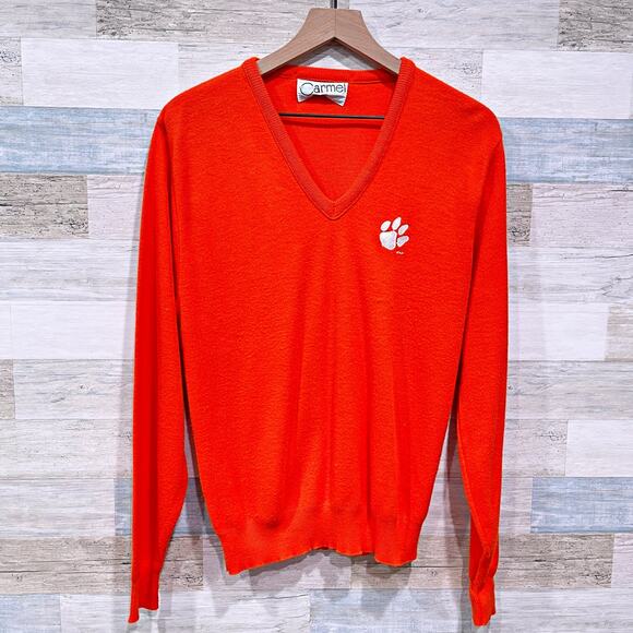 Clemson Tigers Vintage 60s 70s Sweater Orange V Neck Carmel Orlon USA Mens Large - Picture 1 of 7